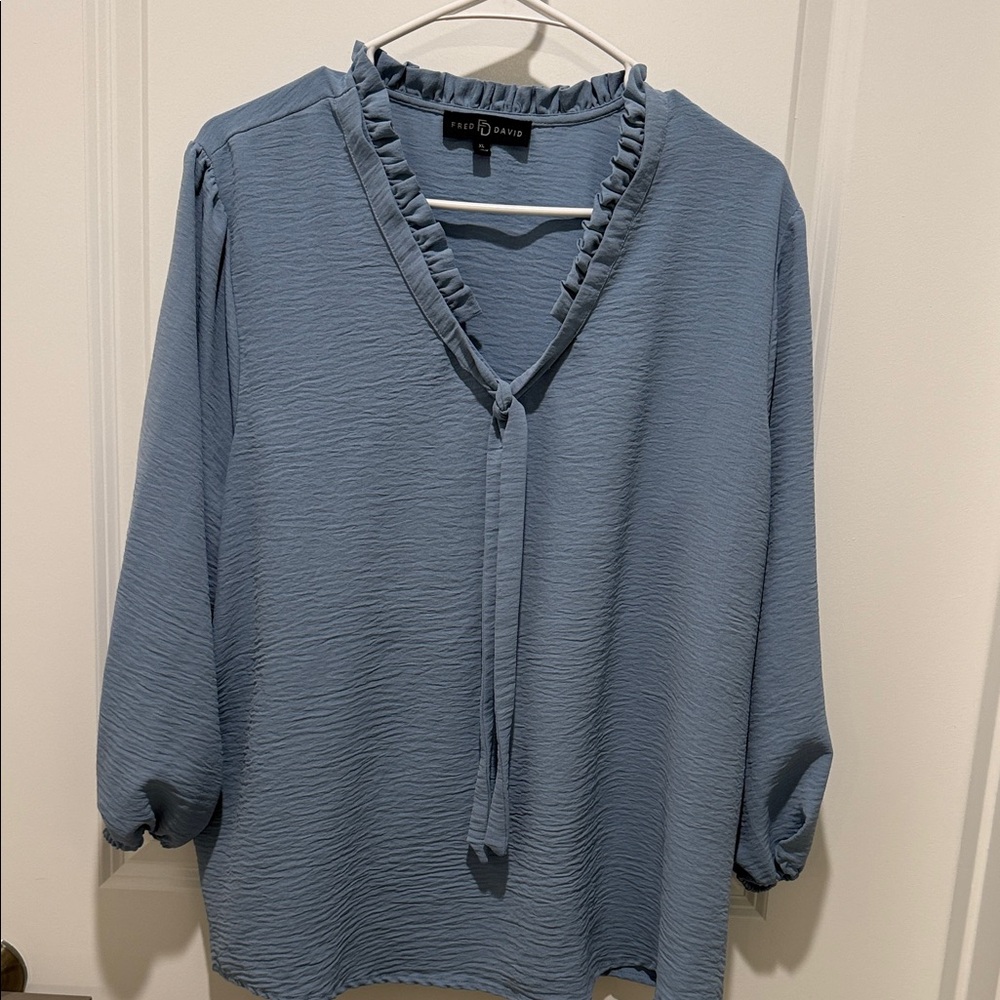 Fred David Slate Blue Ruffle Tie-Neck Blouse